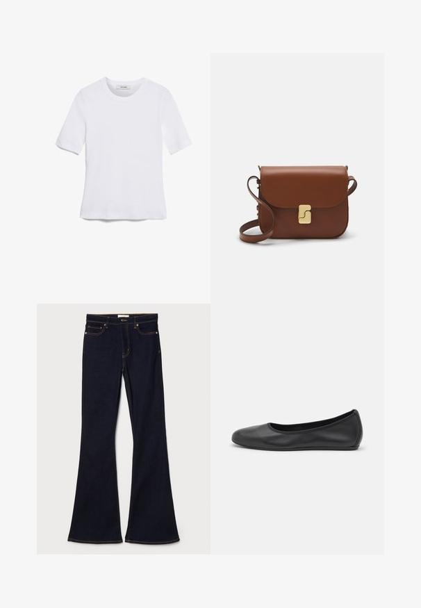 Weißes kurzärmliges T-Shirt aus geripptem Stoff. Runder Halsausschnitt, normale Passform und dezente Nähte. Keine Muster oder Grafiken.; Dunkelblaue Schlagjeans aus Denim mit gelben Nähten, Fronttaschen und einem normalen Taillenbund mit Knopfverschluss.; Schwarze Leder-Ballettschuhe mit abgerundeter Spitze, glatter Textur, minimalen Nähdetails und einem flexiblen Sohlen-Design.; Braune Ledertasche mit Klappenverschluss, Beschlägen in Goldfarbe, einem Schultergurt und einer glatten Oberfläche. Kompakte rechteckige Form.