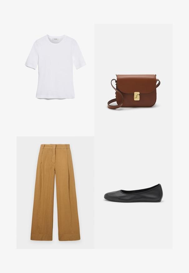 T-shirt blanc à manches courtes en tissu côtelé. Col rond, coupe régulière et détails de couture subtils. Aucune motif ni graphique.; Pantalons à jambes larges en tissu brun clair semblable au lin, dotés d'un devant plat, de passants de ceinture et d'une texture verticale subtile.; Ballerines en cuir noir avec un bout rond, texture lisse, détails de couture minimalistes et design de semelle flexible.; Sac à main en cuir marron avec une fermeture à rabat, des accents en métal doré, une bandoulière et une texture lisse. Forme rectangulaire compacte.