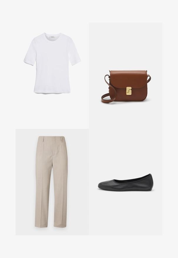 Weißes kurzärmliges T-Shirt aus geripptem Stoff. Runder Halsausschnitt, normale Passform und dezente Nähte. Keine Muster oder Grafiken.; Beige maßgeschneiderte Hose mit geradem Bein, glatter Textur, zwei vorderen Falten und Seitentaschen.; Schwarze Leder-Ballettschuhe mit abgerundeter Spitze, glatter Textur, minimalen Nähdetails und einem flexiblen Sohlen-Design.; Braune Ledertasche mit Klappenverschluss, Beschlägen in Goldfarbe, einem Schultergurt und einer glatten Oberfläche. Kompakte rechteckige Form.