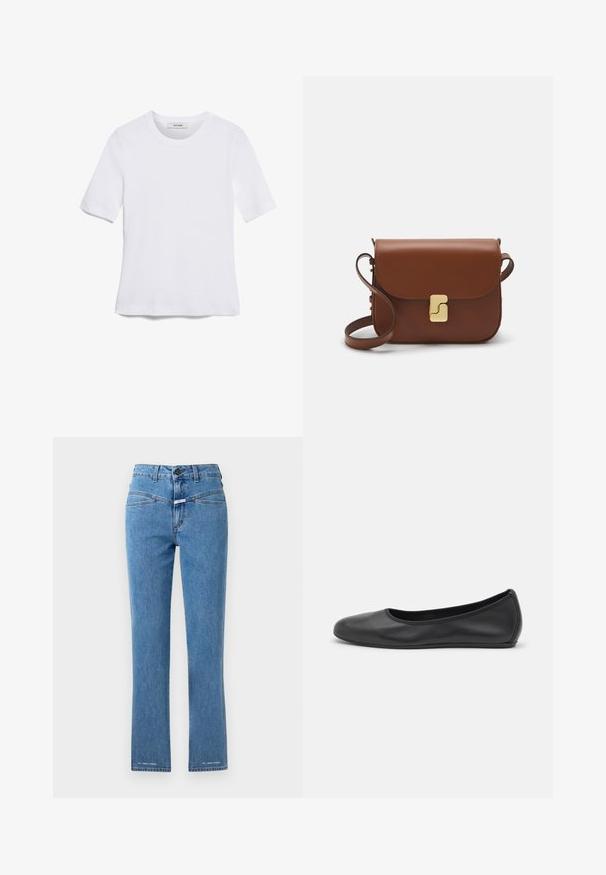 T-shirt de manga curta branca feita de tecido canelado. Decote redondo, ajuste regular e detalhes de costura subtis. Sem padrões ou gráficos.; Jeans de ganga azul claro com perna reta, cintura alta e dois bolsos frontais. Apresenta um fecho de botão e detalhes de marca perto da bainha.; Bailarina preta em pele com bico arredondado, textura suave, detalhe de costura minimalista e design de sola flexível.; Bolsa de couro castanho com fecho de aba, decoração em tom dourado, alça de ombro e textura suave. Formato retangular compacto.