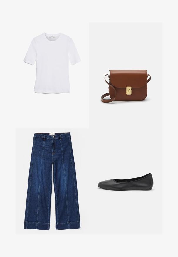 Weißes kurzärmliges T-Shirt aus geripptem Stoff. Runder Halsausschnitt, normale Passform und dezente Nähte. Keine Muster oder Grafiken.; Weite Jeanshose in dunkelblau mit kontrastierenden Nähten, einem Knopfverschluss und einem schlichten Saum. Hergestellt aus robustem Baumwollmaterial.; Schwarze Leder-Ballettschuhe mit abgerundeter Spitze, glatter Textur, minimalen Nähdetails und einem flexiblen Sohlen-Design.; Braune Ledertasche mit Klappenverschluss, Beschlägen in Goldfarbe, einem Schultergurt und einer glatten Oberfläche. Kompakte rechteckige Form.