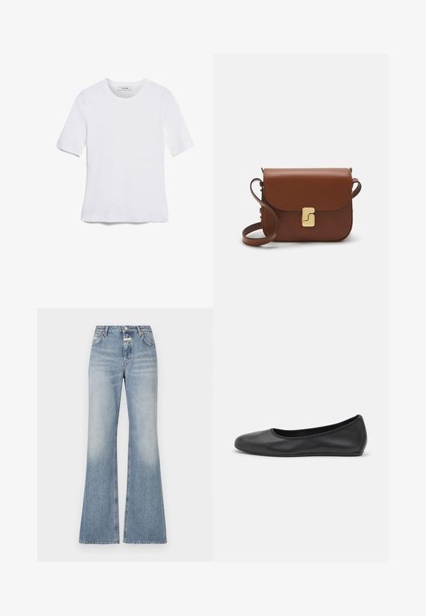 White short-sleeve t-shirt made of ribbed fabric. Round neckline, regular fit, and subtle stitching details. No patterns or graphics.; Light blue flared jeans in denim material, featuring a high waist, slight fading on the front, and a raw hem at the legs.; Black leather ballet flat with a rounded toe, smooth texture, minimal stitching detail, and a flexible sole design.; Brown leather handbag with a flap closure, gold-tone hardware, a shoulder strap, and a smooth texture. Compact rectangular shape.