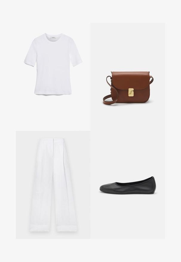 White short-sleeve t-shirt made of ribbed fabric. Round neckline, regular fit, and subtle stitching details. No patterns or graphics.; White linen trousers with a loose fit, featuring a high waist, straight legs, and no visible patterns or hardware. Smooth texture.; Black leather ballet flat with a rounded toe, smooth texture, minimal stitching detail, and a flexible sole design.; Brown leather handbag with a flap closure, gold-tone hardware, a shoulder strap, and a smooth texture. Compact rectangular shape.