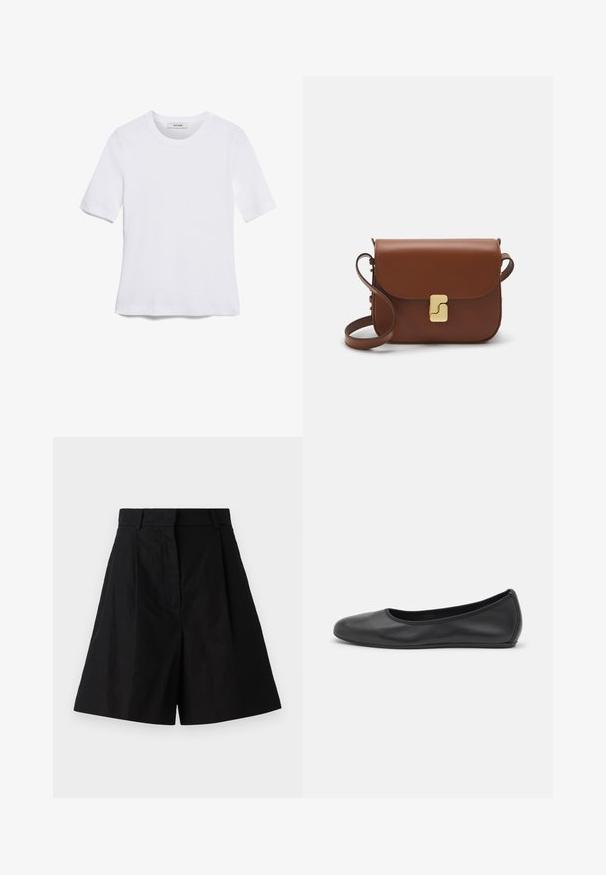 Biela krátka tričko s krátkymi rukávmi vyrobené z rebrovanej látky. Klasický okrúhly výstrih, bežný strih a jemné švy. Bez vzorov alebo grafiky.; Čierne šortky s vysokým pásom a skladaným dizajnom, so bočnými vreckami a hladkou textúrou tkaniny. Čisté línie a prispôsobený strih.; Čierne kožené baleríny s okrúhlou špičkou, hladkým povrchom, minimálnym prešívaním a flexibilným dizajnom podrážky.; Hnedá kožená kabelka s klopou, zlatými kovovými prvkami, ramenným popruhom a hladkým povrchom. Kompaktný obdĺžnikový tvar.