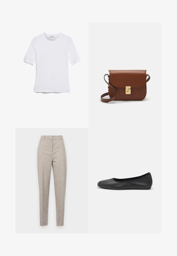 Valkoinen lyhythihainen t-paita, joka on valmistettu ribbytedusta kankaasta. Pyöreä pääntiie, normaali istuvuus ja hienovaraiset ompeluyksityiskohdat. Ei kuvioita tai grafiikkaa.; BOSS TABITHA - Housut - open grey; Musta nahkainen ballerina, jossa on pyöristetty kärki, sileä pinta, minimaalinen ommelkoristelu ja joustava pohjamuotoilu.; Ruskea nahkainen käsilaukku, jossa on läppäkiinnitys, kultasävyiset yksityiskohdat, olkahihna ja sileä pinta. Kompaktin suorakaiteen muotoinen.