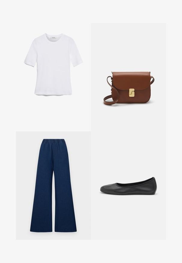 Valkoinen lyhythihainen t-paita, joka on valmistettu ribbytedusta kankaasta. Pyöreä pääntiie, normaali istuvuus ja hienovaraiset ompeluyksityiskohdat. Ei kuvioita tai grafiikkaa.; Tummansiniset leveälahkeiset farkut, joissa on joustava vyötärö, sileä pinta ja yksinkertainen muotoilu.; Musta nahkainen ballerina, jossa on pyöristetty kärki, sileä pinta, minimaalinen ommelkoristelu ja joustava pohjamuotoilu.; Ruskea nahkainen käsilaukku, jossa on läppäkiinnitys, kultasävyiset yksityiskohdat, olkahihna ja sileä pinta. Kompaktin suorakaiteen muotoinen.