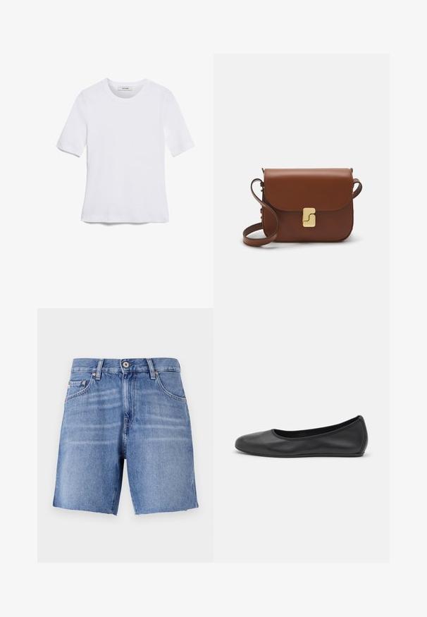 Bela kratka majica s kratkimi rokavi iz rebrastega materiala. Okrogla ovratnica, običajen kroj in subtilni šivi. Brez vzorcev ali grafik.; Svijetloplavi traper šorts s ravnim krojem, oštećenim rubom, pet džepova i zatvaranjem na metalnu dugme. Tkanina ima glatku teksturu s blagim izblijedjenjem.; Črne usnjene balerinke z zaobljenim nosom, gladko teksturo, minimalnimi šivi in fleksibilno zasnovo podplata.; Rjava usnjena torbica s poklopcem, zlato obarvani okovi, naramnica in gladka tekstura. Kompaktna pravokotna oblika.