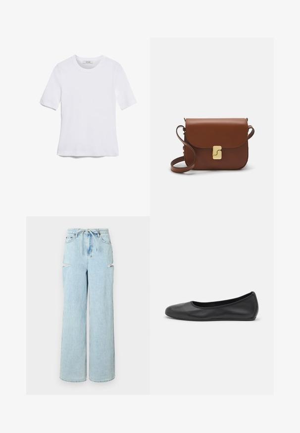 T-shirt de manga curta branca feita de tecido canelado. Decote redondo, ajuste regular e detalhes de costura subtis. Sem padrões ou gráficos.; Jeans de ganga de perna larga em azul claro com cordão na cintura, apresentando dois rasgos nos joelhos e uma bainha limpa. Textura suave com um ajuste descontraído.; Bailarina preta em pele com bico arredondado, textura suave, detalhe de costura minimalista e design de sola flexível.; Bolsa de couro castanho com fecho de aba, decoração em tom dourado, alça de ombro e textura suave. Formato retangular compacto.