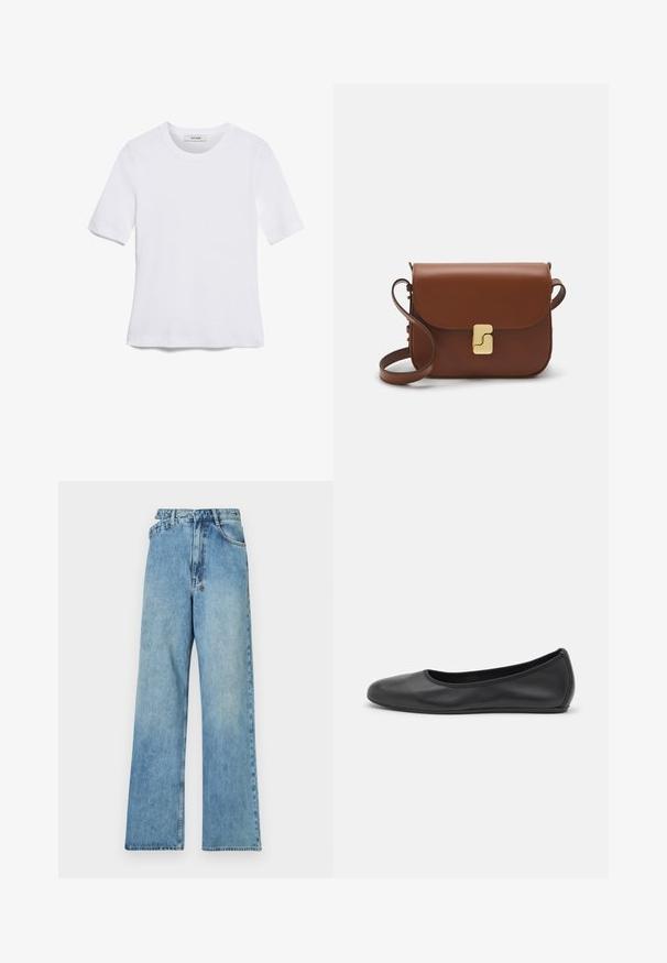 Balta trumpa rankovėmis marškinėliai, pagaminti iš pasiruošusio audinio. Apvali iškirptė, reguliari tinkamumas ir subtilūs siuvimo detalės. Be raštų ar grafikos.; Šviesiai mėlynos džinsinės plačios kojelės kelnės su vidutinės talpos liemeniu, penkiais kišenėmis ir mygtukų užtrauktuku, turinčiu metalinę aparatūrą ir nublukusį efektą.; Juodai odiniai baletai su apvaliu pirštu, lygi texture, minimalus siuvimo detales ir lanksčiu padų dizainu.; Ruda odinė rankinė su uždaromu dangteliu, aukso spalvos detalėmis, petneša ir lygiu paviršiumi. Kompaktiška stačiakampio formos.