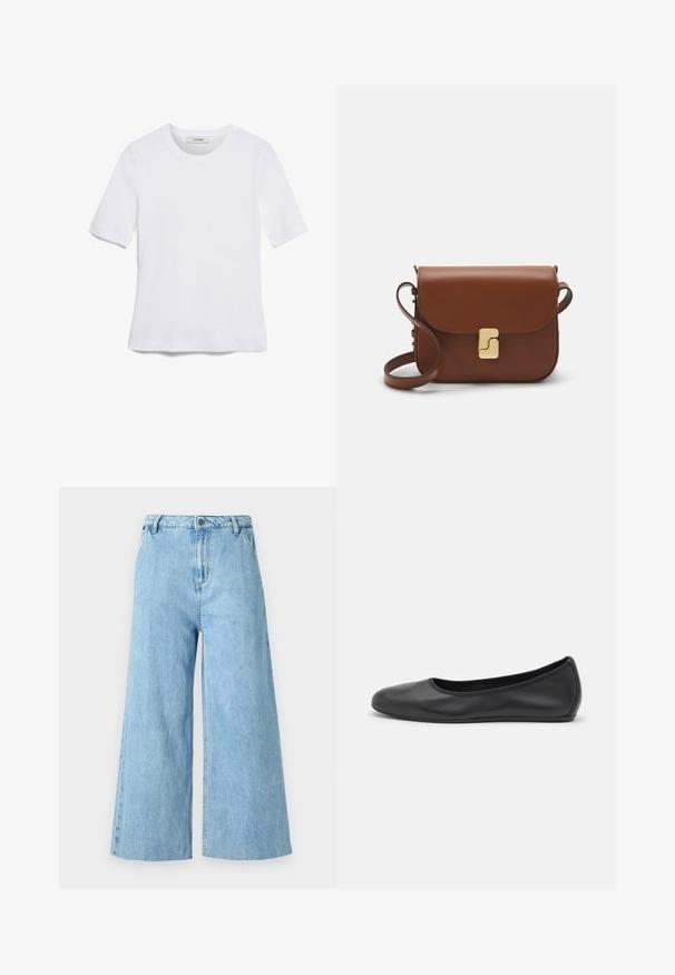 Bijela majica s kratkim rukavima izrađena od rebraste tkanine. Okrugli izrez, klasičan kroj i suptilni detalji šivanja. Bez uzoraka ili grafika.; Svijetloplave široke traperice izrađene od denima, s visokim strukom, prednjim džepovima i čistim rubovima bez ukrasa.; Crne kožne baletanke s zaobljenim vrhom, glatke teksture, minimalnim detaljima šavova i fleksibilnim dizajnom potplata.; Smeđa kožna torba s preklopom, zlatnim detaljima, remenom za nošenje preko ramena i glatkom teksturom. Kompaktni pravokutni oblik.