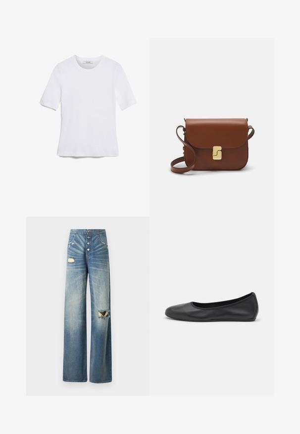 T-shirt de manga curta branca feita de tecido canelado. Decote redondo, ajuste regular e detalhes de costura subtis. Sem padrões ou gráficos.; Jeans de ganga azul de cintura alta com um corte largo, apresentando remendos desgastados e fecho de cinco botões. Lavagem clara com desbotamento subtil.; Bailarina preta em pele com bico arredondado, textura suave, detalhe de costura minimalista e design de sola flexível.; Bolsa de couro castanho com fecho de aba, decoração em tom dourado, alça de ombro e textura suave. Formato retangular compacto.
