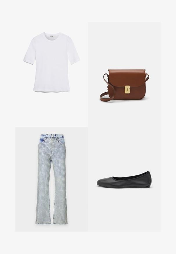 T-shirt bianca a maniche corte realizzata in tessuto a costine. Collo rotondo, vestibilità regolare e dettagli di cucitura sottili. Senza motivi o grafiche.; Jeans a zampa d'elefante in denim azzurro chiaro con un motivo a griglia di decorazioni argento, con design a vita alta e orlo sfilacciato.; Pantofole da balletto nere in pelle con punta arrotondata, texture liscia, dettagli di cucitura minimi e design con suola flessibile.; Borsa a tracolla in pelle marrone con chiusura a pattina, hardware color oro, tracolla e una finitura liscia. Forma rettangolare compatta.
