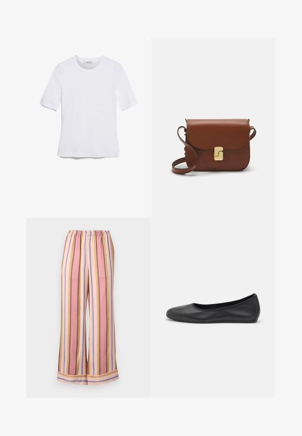 Tricou alb cu mânecă scurtă, confectionat dintr-un material texturat. Gât rotund, tăietură regulară și detalii subtile de cusătură. Fără modele sau grafice.; Pantaloni de pijama cu dungi, având talie elastică, picioare lata și dungi alternative roz, lavandă și galbene cu o textură netedă.; Balerini din piele neagră, cu vârf rotund, textură netedă, detalii de cusătură minimale și un design al tălpii flexibil.; Geantă de piele maro cu închidere tip capac, accesorii de culoare aurie, curea de umăr și o textură netedă. Formă compactă și rectangulară.