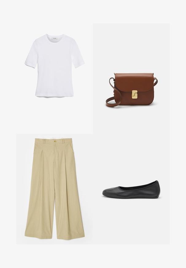T-shirt de manga curta branca feita de tecido canelado. Decote redondo, ajuste regular e detalhes de costura subtis. Sem padrões ou gráficos.; Calças beige de perna larga feitas de tecido leve. Apresentam um acabamento liso na frente, dois bolsos laterais e um detalhe em triângulo dourado na cintura.; Bailarina preta em pele com bico arredondado, textura suave, detalhe de costura minimalista e design de sola flexível.; Bolsa de couro castanho com fecho de aba, decoração em tom dourado, alça de ombro e textura suave. Formato retangular compacto.