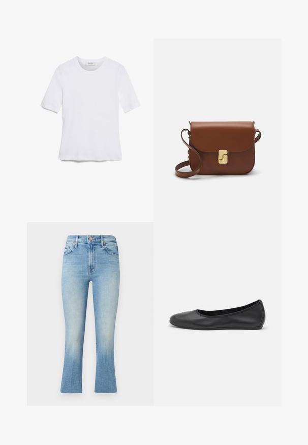 White short-sleeve t-shirt made of ribbed fabric. Round neckline, regular fit, and subtle stitching details. No patterns or graphics.; Light blue jeans with a high waist, flared leg design, and subtle fading. Features classic pockets and a metal button closure.; Black leather ballet flat with a rounded toe, smooth texture, minimal stitching detail, and a flexible sole design.; Brown leather handbag with a flap closure, gold-tone hardware, a shoulder strap, and a smooth texture. Compact rectangular shape.