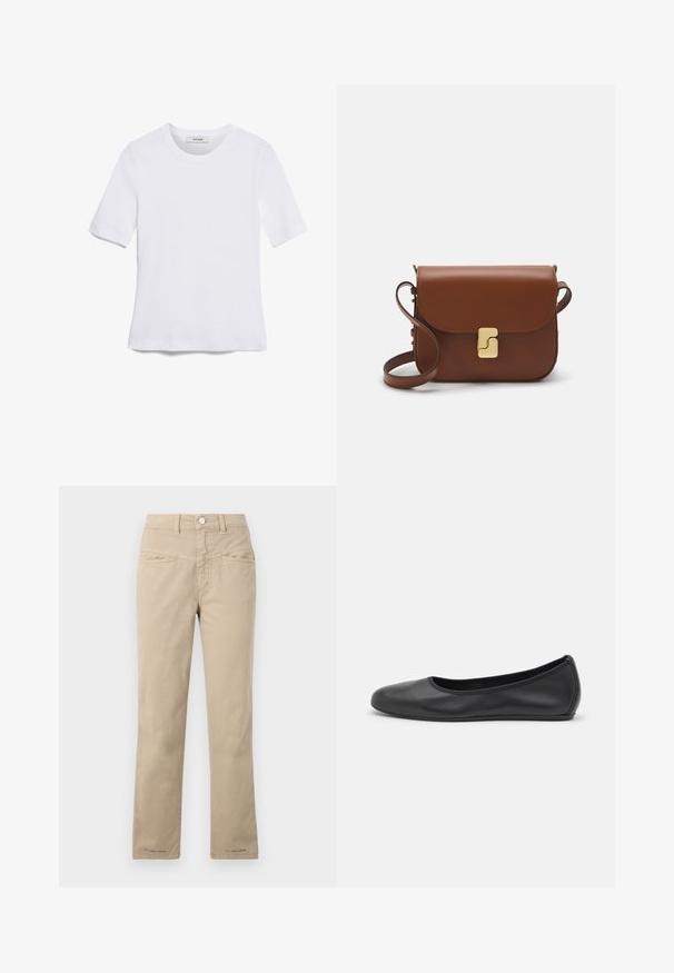 Bela kratka majica s kratkimi rokavi iz rebrastega materiala. Okrogla ovratnica, običajen kroj in subtilni šivi. Brez vzorcev ali grafik.; Bež hlače iz bombaža s ravnim krojem, z zapiranjem na gumb spredaj, dvema sprednjima žepoma in subtilnimi detajli šivanja.; Črne usnjene balerinke z zaobljenim nosom, gladko teksturo, minimalnimi šivi in fleksibilno zasnovo podplata.; Rjava usnjena torbica s poklopcem, zlato obarvani okovi, naramnica in gladka tekstura. Kompaktna pravokotna oblika.
