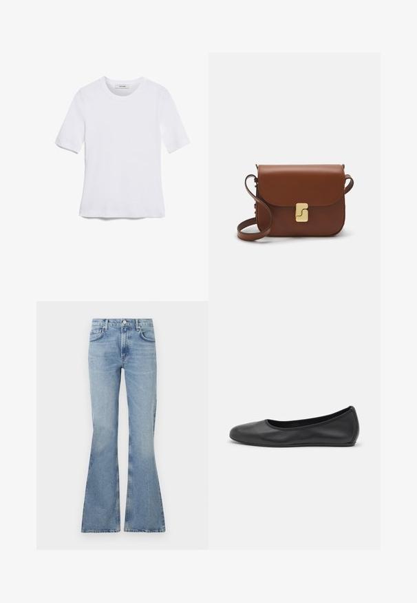 Bílá tričko s krátkým rukávem vyrobené z žebrované tkaniny. Kulatý výstřih, normální střih a jemné detaily šití. Bez vzorů nebo grafik.; Světle modré zvonové džíny vyrobené z denimu, s vysokým pasem, designem pěti kapes a jemným blednutím po celém materiálu.; Černé kožené baletní byty s kulatou špičkou, hladkou texturou, minimálními švy a flexibilním designem podrážky.; Hnědá kožená kabelka s klopou, zlatými kovovými detaily, ramenním popruhem a hladkým povrchem. Kompaktní obdélníkový tvar.