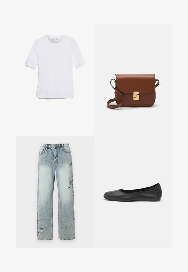 Balta īsām piedurknēm T-krekls, izgatavots no ribota auduma. Apaļš izgriezums, regulāra piegriezuma un diskrēti šuvumu detaļas. Bez printiem vai grafikām.; Gaiši zili džinsi ar taisna piegriezuma dizainu, kuru priekšpusē ir redzamas šuves un dekoratīvi krusta raksti.; Melna ādas baleta kurpe ar noapaļotu purngalu, gludu tekstūru, minimālu šuvju detalizāciju un elastīgu zoles dizainu.; Bordo ādas rokas soma ar atloku, zeltītām detaļām, plecu siksnu un gludu virsmu. Kompakta, taisnstūrveida forma.