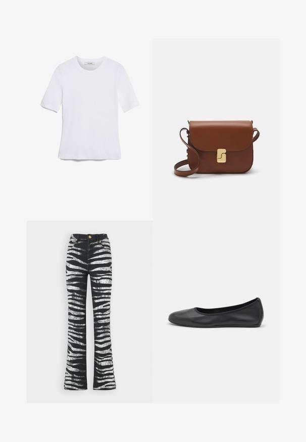 T-shirt blanc à manches courtes en tissu côtelé. Col rond, coupe régulière et détails de couture subtils. Aucune motif ni graphique.; Roberto Cavalli Jean flare - nero/bianco; Ballerines en cuir noir avec un bout rond, texture lisse, détails de couture minimalistes et design de semelle flexible.; Sac à main en cuir marron avec une fermeture à rabat, des accents en métal doré, une bandoulière et une texture lisse. Forme rectangulaire compacte.