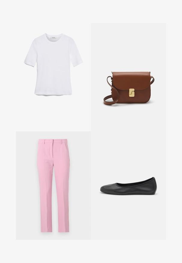 Biela krátka tričko s krátkymi rukávmi vyrobené z rebrovanej látky. Klasický okrúhly výstrih, bežný strih a jemné švy. Bez vzorov alebo grafiky.; Ružové nohavice na mieru s hladkým povrchom, s stredne vysokým pásom, dvoma prednými skladmi a rovnými nohavicami. Bez viditeľných vreciek.; Čierne kožené baleríny s okrúhlou špičkou, hladkým povrchom, minimálnym prešívaním a flexibilným dizajnom podrážky.; Hnedá kožená kabelka s klopou, zlatými kovovými prvkami, ramenným popruhom a hladkým povrchom. Kompaktný obdĺžnikový tvar.