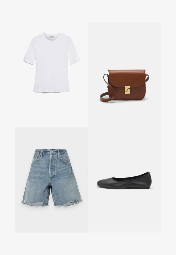 T-shirt de manga curta branca feita de tecido canelado. Decote redondo, ajuste regular e detalhes de costura subtis. Sem padrões ou gráficos.; Calças de ganga curtas em azul claro, com cintura alta, bainha desfiada e um corte descontraído. Apresentam um fecho de botão e um design clássico de cinco bolsos.; Bailarina preta em pele com bico arredondado, textura suave, detalhe de costura minimalista e design de sola flexível.; Bolsa de couro castanho com fecho de aba, decoração em tom dourado, alça de ombro e textura suave. Formato retangular compacto.