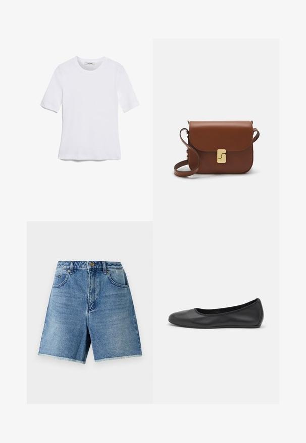 Balta trumpa rankovėmis marškinėliai, pagaminti iš pasiruošusio audinio. Apvali iškirptė, reguliari tinkamumas ir subtilūs siuvimo detalės. Be raštų ar grafikos.; Šviesiai mėlynos džinsinės šortai su aukštu liemeniu, mygtukų uždarymu, priekinių kišenių ir nepabaigtu apvadu, užtikrinančiu laisvą prigludimą.; Juodai odiniai baletai su apvaliu pirštu, lygi texture, minimalus siuvimo detales ir lanksčiu padų dizainu.; Ruda odinė rankinė su uždaromu dangteliu, aukso spalvos detalėmis, petneša ir lygiu paviršiumi. Kompaktiška stačiakampio formos.