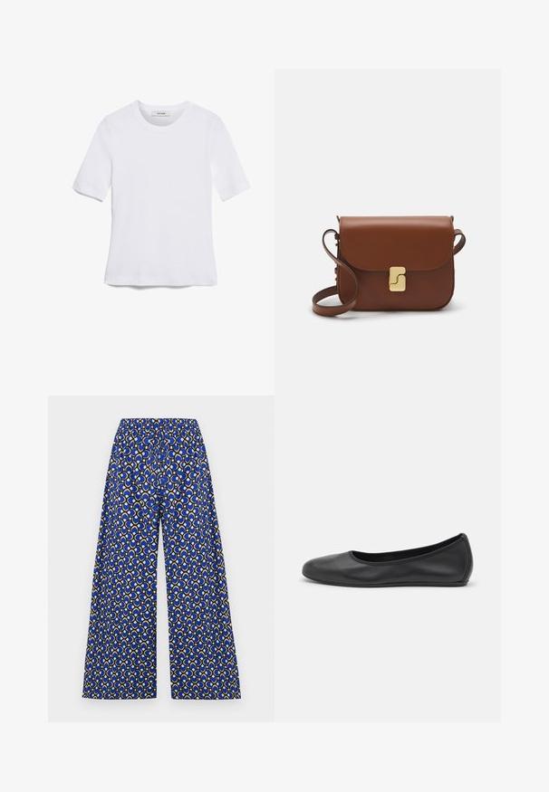 White short-sleeve t-shirt made of ribbed fabric. Round neckline, regular fit, and subtle stitching details. No patterns or graphics.; Wide-leg trousers in blue fabric featuring a geometric pattern of cream and gold circles. Elastic waistband for comfort.; Black leather ballet flat with a rounded toe, smooth texture, minimal stitching detail, and a flexible sole design.; Brown leather handbag with a flap closure, gold-tone hardware, a shoulder strap, and a smooth texture. Compact rectangular shape.