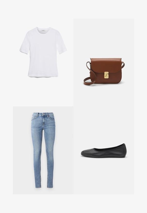 Άσπρο κοντομάνικο μπλουζάκι φτιαγμένο από ριγέ ύφασμα. Στρογγυλή λαιμόκοψη, κανονική εφαρμογή και διακριτές λεπτομέρειες ραφής. Χωρίς σχέδια ή γραφικά.; Ανοιχτό μπλε στενά τζιν φτιαγμένα από denim, με κανονική ζώνη, πέντε τσέπες και αντίθεση ραφών κατά μήκος των ραφών.; Μαύρο δερμάτινο μπαλαρίνι με στρογγυλή μύτη, λεία υφή, ελάχιστες λεπτομέρειες ραφής και σχεδίαση ευέλικτης σόλας.; Καφέ δερμάτινη τσάντα χειρός με κλείσιμο καπάκι, χρυσές λεπτομέρειες, ιμάντα ώμου και λεία υφή. Συμπαγές ορθογώνιο σχήμα.