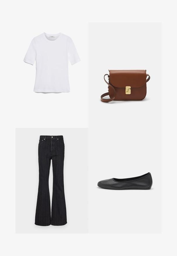 Tricou alb cu mânecă scurtă, confectionat dintr-un material texturat. Gât rotund, tăietură regulară și detalii subtile de cusătură. Fără modele sau grafice.; Jeans negre din denim cu talie evazată, cu dungi verticale albe, design cu cinci buzunare și închidere cu nasture metalic.; Balerini din piele neagră, cu vârf rotund, textură netedă, detalii de cusătură minimale și un design al tălpii flexibil.; Geantă de piele maro cu închidere tip capac, accesorii de culoare aurie, curea de umăr și o textură netedă. Formă compactă și rectangulară.