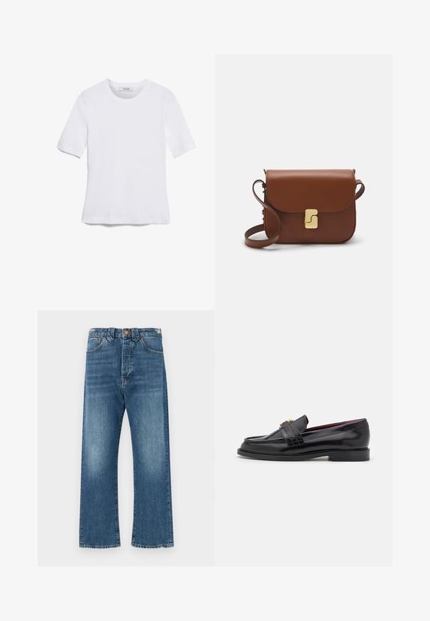 Balta īsām piedurknēm T-krekls, izgatavots no ribota auduma. Apaļš izgriezums, regulāra piegriezuma un diskrēti šuvumu detaļas. Bez printiem vai grafikām.; Gai zili džinsi ar augstu jostasvietu, taisnu kāju griezumu un maigu izbalēšanu. Satur klasisku dūrienu un priekšējo pogu aizdari.; Melnas ādas mokasīnas ar izšūtu rakstu, gludu virsmu, zelta sprādzi un noapaļotu purngalu, novietoti uz zemas melnas zoles.; Bordo ādas rokas soma ar atloku, zeltītām detaļām, plecu siksnu un gludu virsmu. Kompakta, taisnstūrveida forma.