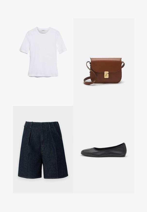 Bijela majica s kratkim rukavima izrađena od rebraste tkanine. Okrugli izrez, klasičan kroj i suptilni detalji šivanja. Bez uzoraka ili grafika.; Traper šorts s tamnim pranjem, s nabranjima, bočnim džepovima i kontrastnim zelenim šavovima.; Crne kožne baletanke s zaobljenim vrhom, glatke teksture, minimalnim detaljima šavova i fleksibilnim dizajnom potplata.; Smeđa kožna torba s preklopom, zlatnim detaljima, remenom za nošenje preko ramena i glatkom teksturom. Kompaktni pravokutni oblik.