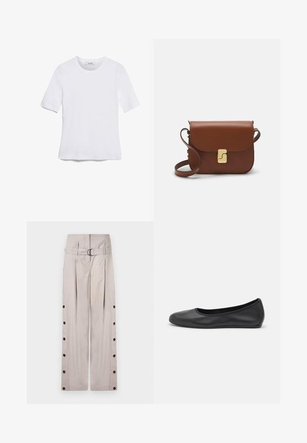 Witte korte mouwen t-shirt van ribstof. Ronde halslijn, normale pasvorm en subtiele stiksels. Geen patronen of grafische elementen.; Beige wijde broek gemaakt van zachte stof, met een hoge taille met riem, zijknopen en een strakke, op maat gemaakte uitstraling.; Zwarte leren ballerina met een ronde neus, gladde textuur, minimale stikdetails en een flexibele zoolontwerp.; Bruine leren handtas met een klep sluiting, gouden hardware, een schouderband en een gladde textuur. Compact rechthoekige vorm.