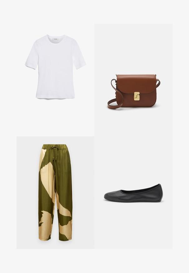 Bela kratka majica s kratkimi rokavi iz rebrastega materiala. Okrogla ovratnica, običajen kroj in subtilni šivi. Brez vzorcev ali grafik.; Saten hlače z olivno zelenim in bež abstraktnim vzorcem, elastičnim pasom z vrvico in z zoženimi nogami.; Črne usnjene balerinke z zaobljenim nosom, gladko teksturo, minimalnimi šivi in fleksibilno zasnovo podplata.; Rjava usnjena torbica s poklopcem, zlato obarvani okovi, naramnica in gladka tekstura. Kompaktna pravokotna oblika.