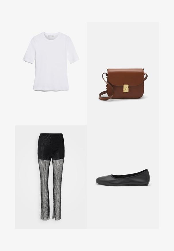 White short-sleeve t-shirt made of ribbed fabric. Round neckline, regular fit, and subtle stitching details. No patterns or graphics.; Black fishnet pants with a solid top section, featuring a wide leg design and textured mesh fabric throughout.; Black leather ballet flat with a rounded toe, smooth texture, minimal stitching detail, and a flexible sole design.; Brown leather handbag with a flap closure, gold-tone hardware, a shoulder strap, and a smooth texture. Compact rectangular shape.