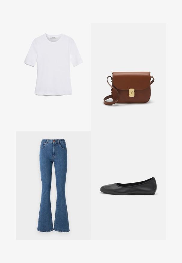 T-shirt bianca a maniche corte realizzata in tessuto a costine. Collo rotondo, vestibilità regolare e dettagli di cucitura sottili. Senza motivi o grafiche.; Jeans in denim blu a vita alta con gamba svasata. Presentano cinque tasche e una chiusura con bottone anteriore. Dettagli di cucitura lungo le cuciture.; Pantofole da balletto nere in pelle con punta arrotondata, texture liscia, dettagli di cucitura minimi e design con suola flessibile.; Borsa a tracolla in pelle marrone con chiusura a pattina, hardware color oro, tracolla e una finitura liscia. Forma rettangolare compatta.