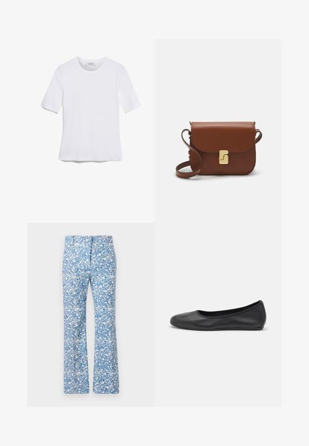 Balta īsām piedurknēm T-krekls, izgatavots no ribota auduma. Apaļš izgriezums, regulāra piegriezuma un diskrēti šuvumu detaļas. Bez printiem vai grafikām.; Izplūdušas bikses ziliem un baltajiem ziedu rakstiem, ar gludu audumu, rāvējslēdzēju un divām priekšējām kabatām.; Melna ādas baleta kurpe ar noapaļotu purngalu, gludu tekstūru, minimālu šuvju detalizāciju un elastīgu zoles dizainu.; Bordo ādas rokas soma ar atloku, zeltītām detaļām, plecu siksnu un gludu virsmu. Kompakta, taisnstūrveida forma.