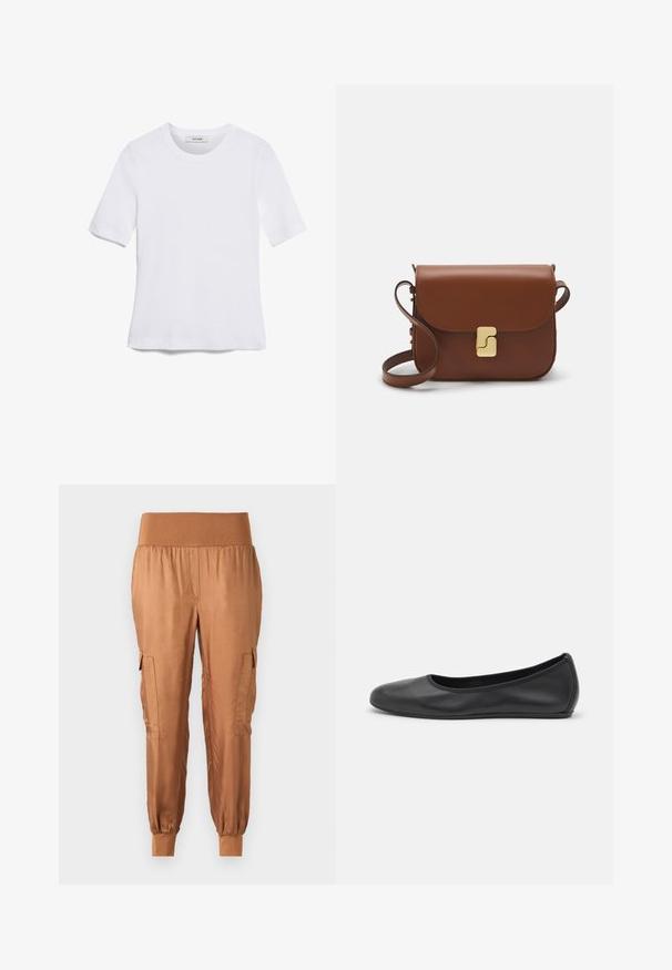 Bílá tričko s krátkým rukávem vyrobené z žebrované tkaniny. Kulatý výstřih, normální střih a jemné detaily šití. Bez vzorů nebo grafik.; Hnědé saténové cargo kalhoty s elastickým pasem, bočními kapsami a zúženými manžetami. Hladká textura a lehký materiál.; Černé kožené baletní byty s kulatou špičkou, hladkou texturou, minimálními švy a flexibilním designem podrážky.; Hnědá kožená kabelka s klopou, zlatými kovovými detaily, ramenním popruhem a hladkým povrchem. Kompaktní obdélníkový tvar.