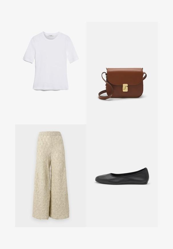 Tricou alb cu mânecă scurtă, confectionat dintr-un material texturat. Gât rotund, tăietură regulară și detalii subtile de cusătură. Fără modele sau grafice.; Pantaloni largi de culoare bej deschis, cu o textură tricotată și un model ondulat. Dispun de un talie elastică pentru confort și un croi lejer.; Balerini din piele neagră, cu vârf rotund, textură netedă, detalii de cusătură minimale și un design al tălpii flexibil.; Geantă de piele maro cu închidere tip capac, accesorii de culoare aurie, curea de umăr și o textură netedă. Formă compactă și rectangulară.