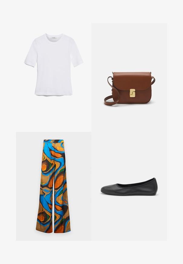 Biała koszulka krótki rękaw wykonana z materiału prążkowanego. Okrągły dekolt, regularny krój i subtelne detale szwów. Bez wzorów ani grafik.; Spodnie szerokie z abstrakcyjnym, wielokolorowym wzorem w odcieniach niebieskiego, pomarańczowego i brązowego. Wykonane z lekkiego materiału o gładkiej strukturze.; Czarne skórzane baletki z zaokrąglonym noskiem, gładką fakturą, minimalnymi przeszyciami i elastycznym designem podeszwy.; Brązowa skórzana torebka na ramię z klapką, złotymi detalami, paskiem na ramię i gładką teksturą. Kompaktowy prostokątny kształt.