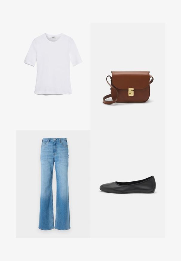 Valkoinen lyhythihainen t-paita, joka on valmistettu ribbytedusta kankaasta. Pyöreä pääntiie, normaali istuvuus ja hienovaraiset ompeluyksityiskohdat. Ei kuvioita tai grafiikkaa.; Vaaleansiniset leveälahkeiset farkut, korkealla vyötäröllä, joissa on ommeltuja yksityiskohtia ja napitus. Sujuva pinta ja lievä kulutus.; Musta nahkainen ballerina, jossa on pyöristetty kärki, sileä pinta, minimaalinen ommelkoristelu ja joustava pohjamuotoilu.; Ruskea nahkainen käsilaukku, jossa on läppäkiinnitys, kultasävyiset yksityiskohdat, olkahihna ja sileä pinta. Kompaktin suorakaiteen muotoinen.