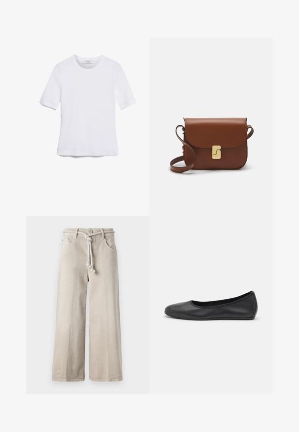 Balta trumpa rankovėmis marškinėliai, pagaminti iš pasiruošusio audinio. Apvali iškirptė, reguliari tinkamumas ir subtilūs siuvimo detalės. Be raštų ar grafikos.; CLOSED LYNA - Laisvo kirpimo džinsai - beige; Juodai odiniai baletai su apvaliu pirštu, lygi texture, minimalus siuvimo detales ir lanksčiu padų dizainu.; Ruda odinė rankinė su uždaromu dangteliu, aukso spalvos detalėmis, petneša ir lygiu paviršiumi. Kompaktiška stačiakampio formos.