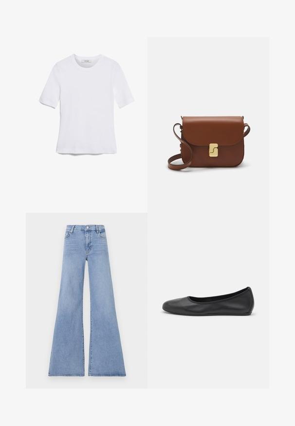 White short-sleeve t-shirt made of ribbed fabric. Round neckline, regular fit, and subtle stitching details. No patterns or graphics.; Light blue flared jeans made of denim, featuring a high waist, five-pocket design, and subtle stitching details along the seams.; Black leather ballet flat with a rounded toe, smooth texture, minimal stitching detail, and a flexible sole design.; Brown leather handbag with a flap closure, gold-tone hardware, a shoulder strap, and a smooth texture. Compact rectangular shape.
