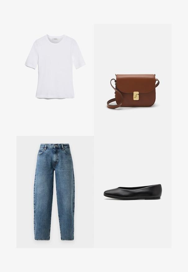 White short-sleeve t-shirt made of ribbed fabric. Round neckline, regular fit, and subtle stitching details. No patterns or graphics.; Light blue denim jeans with a straight leg design, high waist, and minimalist stitching. Classic five-pocket style with metal hardware.; Paul Smith TOPANGA - Ballet pumps - black; Brown leather handbag with a flap closure, gold-tone hardware, a shoulder strap, and a smooth texture. Compact rectangular shape.