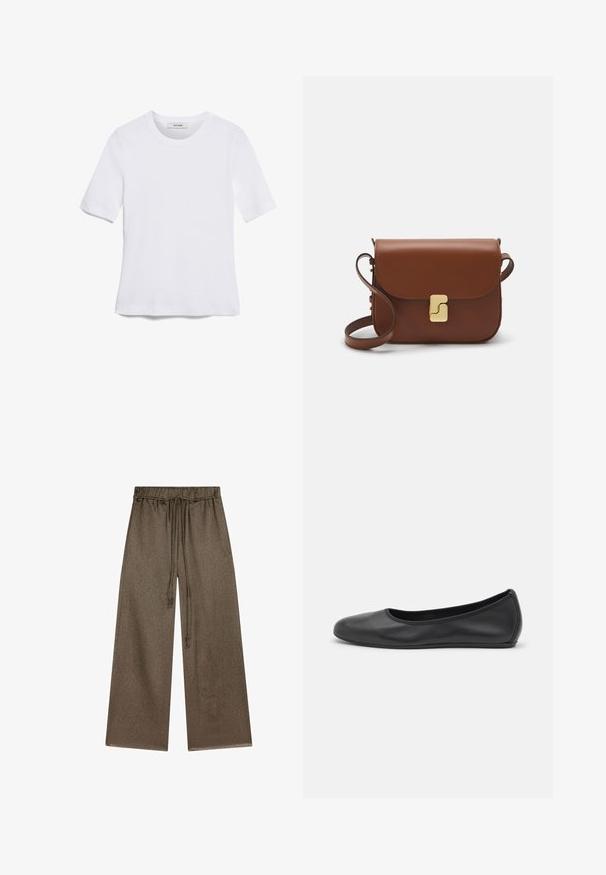 Valkoinen lyhythihainen t-paita, joka on valmistettu ribbytedusta kankaasta. Pyöreä pääntiie, normaali istuvuus ja hienovaraiset ompeluyksityiskohdat. Ei kuvioita tai grafiikkaa.; Vapaat lahkeet oliivinvihreästä, pehmeästä ja teksturoidusta kankaasta. Varustettu joustavalla vyötärönauhalla, jossa on nauha ja sivutaskut.; Musta nahkainen ballerina, jossa on pyöristetty kärki, sileä pinta, minimaalinen ommelkoristelu ja joustava pohjamuotoilu.; Ruskea nahkainen käsilaukku, jossa on läppäkiinnitys, kultasävyiset yksityiskohdat, olkahihna ja sileä pinta. Kompaktin suorakaiteen muotoinen.