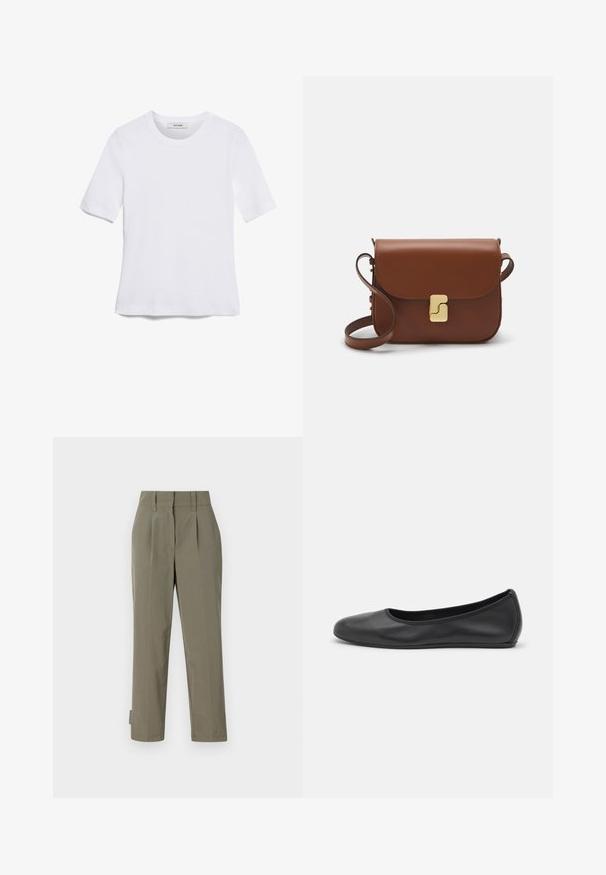 Bijela majica s kratkim rukavima izrađena od rebraste tkanine. Okrugli izrez, klasičan kroj i suptilni detalji šivanja. Bez uzoraka ili grafika.; Kaki hlače napravljene od lagane tkanine, s visokim strukom, pregibima i ravnim nogavicama. Minimalistički dizajn bez vidljivih metalnih dijelova.; Crne kožne baletanke s zaobljenim vrhom, glatke teksture, minimalnim detaljima šavova i fleksibilnim dizajnom potplata.; Smeđa kožna torba s preklopom, zlatnim detaljima, remenom za nošenje preko ramena i glatkom teksturom. Kompaktni pravokutni oblik.