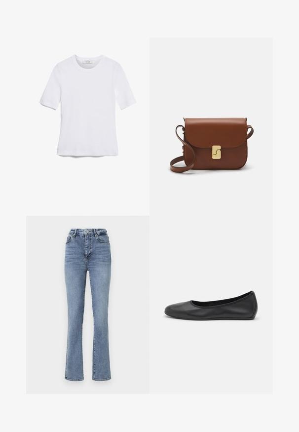 Weißes kurzärmliges T-Shirt aus geripptem Stoff. Runder Halsausschnitt, normale Passform und dezente Nähte. Keine Muster oder Grafiken.; Hochtaillierte blaue Denim-Jeans mit geradem Bein, die im klassischen Fünf-Taschen-Stil gestaltet sind und dezente Taschenakzente aufweisen.; Schwarze Leder-Ballettschuhe mit abgerundeter Spitze, glatter Textur, minimalen Nähdetails und einem flexiblen Sohlen-Design.; Braune Ledertasche mit Klappenverschluss, Beschlägen in Goldfarbe, einem Schultergurt und einer glatten Oberfläche. Kompakte rechteckige Form.