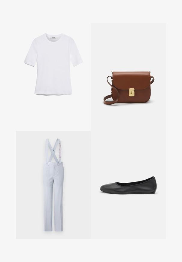 T-shirt de manga curta branca feita de tecido canelado. Decote redondo, ajuste regular e detalhes de costura subtis. Sem padrões ou gráficos.; Calças azul claro com suspensórios ajustáveis em forma de X, apresentando uma cintura com botão e detalhes bordados subtis. Textura de tecido suave.; Bailarina preta em pele com bico arredondado, textura suave, detalhe de costura minimalista e design de sola flexível.; Bolsa de couro castanho com fecho de aba, decoração em tom dourado, alça de ombro e textura suave. Formato retangular compacto.