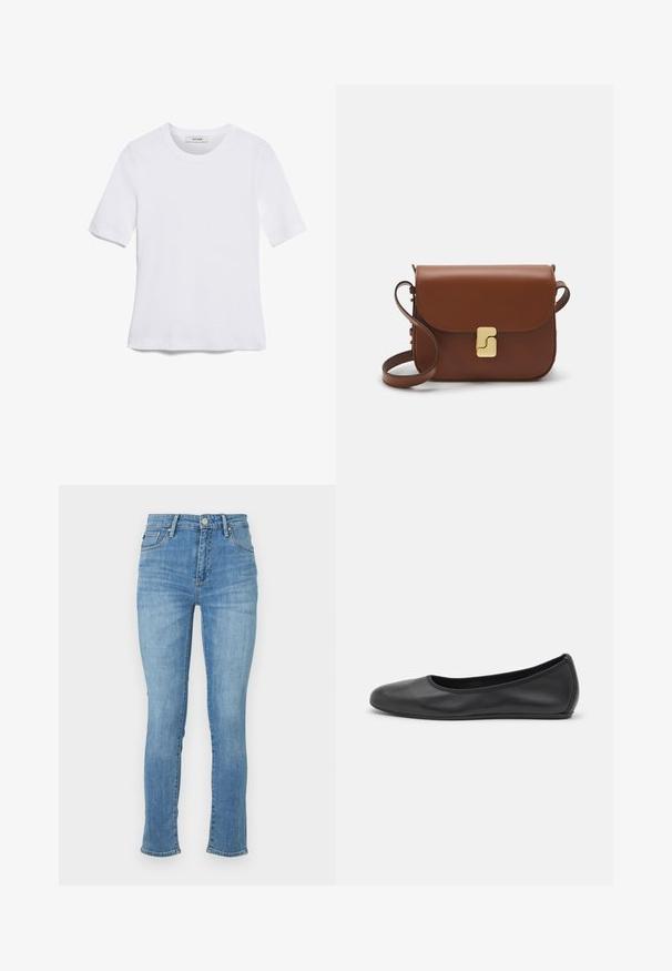Bijela majica s kratkim rukavima izrađena od rebraste tkanine. Okrugli izrez, klasičan kroj i suptilni detalji šivanja. Bez uzoraka ili grafika.; Svijetloplavi traperice s uskim krojem, srednjim pojasom, dizajnom s pet džepova i suptilnim blijeđenjem na bedrima, s prošivenim detaljima.; Crne kožne baletanke s zaobljenim vrhom, glatke teksture, minimalnim detaljima šavova i fleksibilnim dizajnom potplata.; Smeđa kožna torba s preklopom, zlatnim detaljima, remenom za nošenje preko ramena i glatkom teksturom. Kompaktni pravokutni oblik.