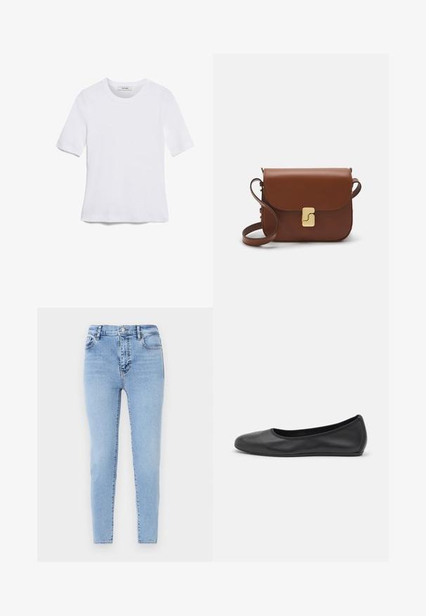 Bijela majica s kratkim rukavima izrađena od rebraste tkanine. Okrugli izrez, klasičan kroj i suptilni detalji šivanja. Bez uzoraka ili grafika.; Svijetloplave, hlače viskog struka slim fit kroja. Izrađene od denima s suptilnom teksturom, s prednjim kopčanjem na dugme i stražnjim džepovima.; Crne kožne baletanke s zaobljenim vrhom, glatke teksture, minimalnim detaljima šavova i fleksibilnim dizajnom potplata.; Smeđa kožna torba s preklopom, zlatnim detaljima, remenom za nošenje preko ramena i glatkom teksturom. Kompaktni pravokutni oblik.