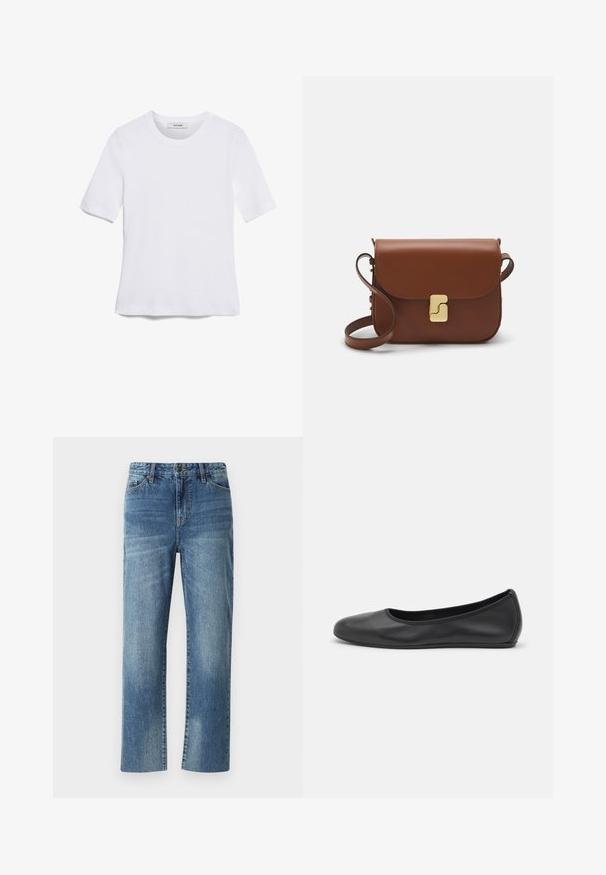 T-shirt de manga curta branca feita de tecido canelado. Decote redondo, ajuste regular e detalhes de costura subtis. Sem padrões ou gráficos.; Jeans de ganga azuis com um design de perna reta, apresentando um fecho de botão, bolsos frontais e uma textura desbotada por toda a peça.; Bailarina preta em pele com bico arredondado, textura suave, detalhe de costura minimalista e design de sola flexível.; Bolsa de couro castanho com fecho de aba, decoração em tom dourado, alça de ombro e textura suave. Formato retangular compacto.